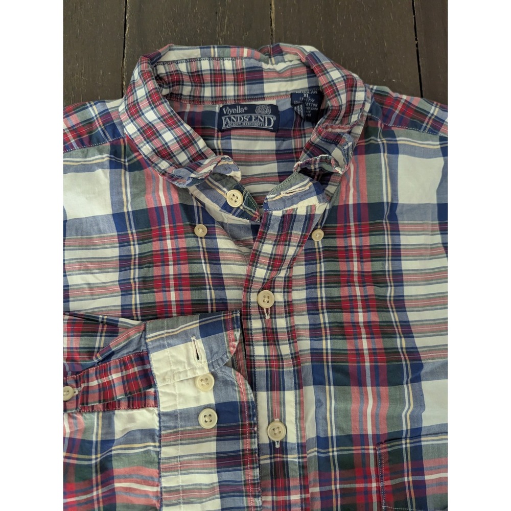Lands End Viyella Shirt Mens XLarge Blue Red Plaid Cotton Button Up Business